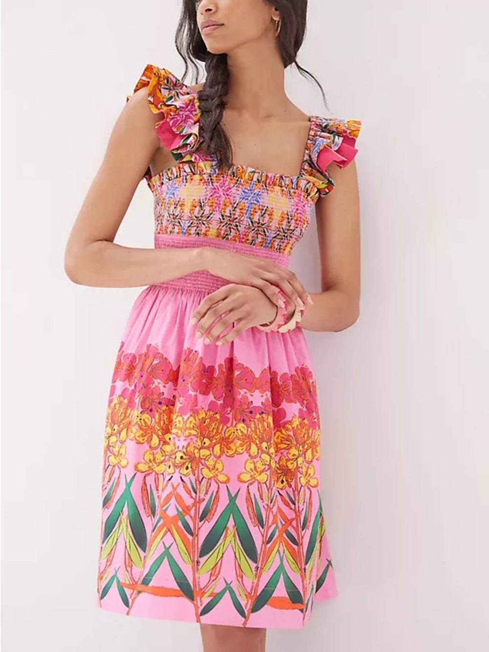 Anthropologie Roopa Pemmaraju Pink Floral Tiered Sundress Colorful Accents Mini